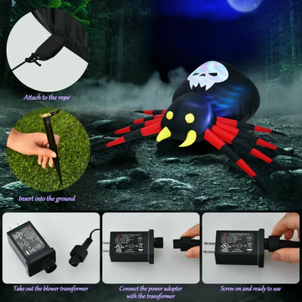 12-Foot Giant Inflatable Spider with White LED Lights - Halloween Blow Up Decor